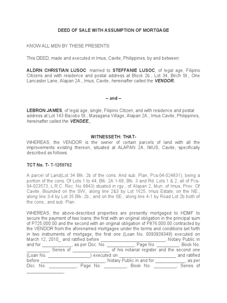 Deed of Assumption of Mortgage PDF Mortgage Law Real Estate Law