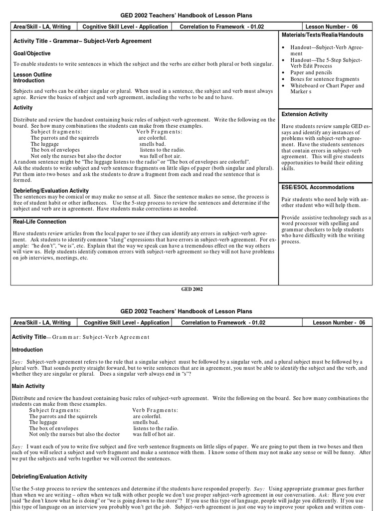 GED 2002 Teachers' Handbook of Lesson Plans | PDF | Grammatical Number ...