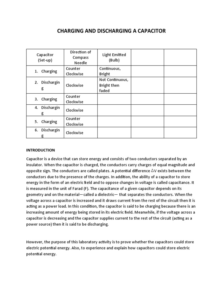 Capacitor Charging and Discharging Experiment | PDF | Capacitor | Voltage