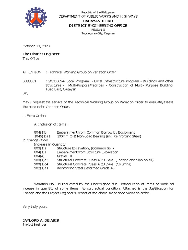 Variation Order No. 1 for Multi-Purpose Building | PDF | Economic ...