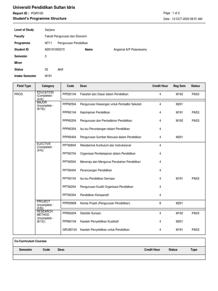 Student's Programme Structure: Report ID: PGR100 | PDF | Academia ...