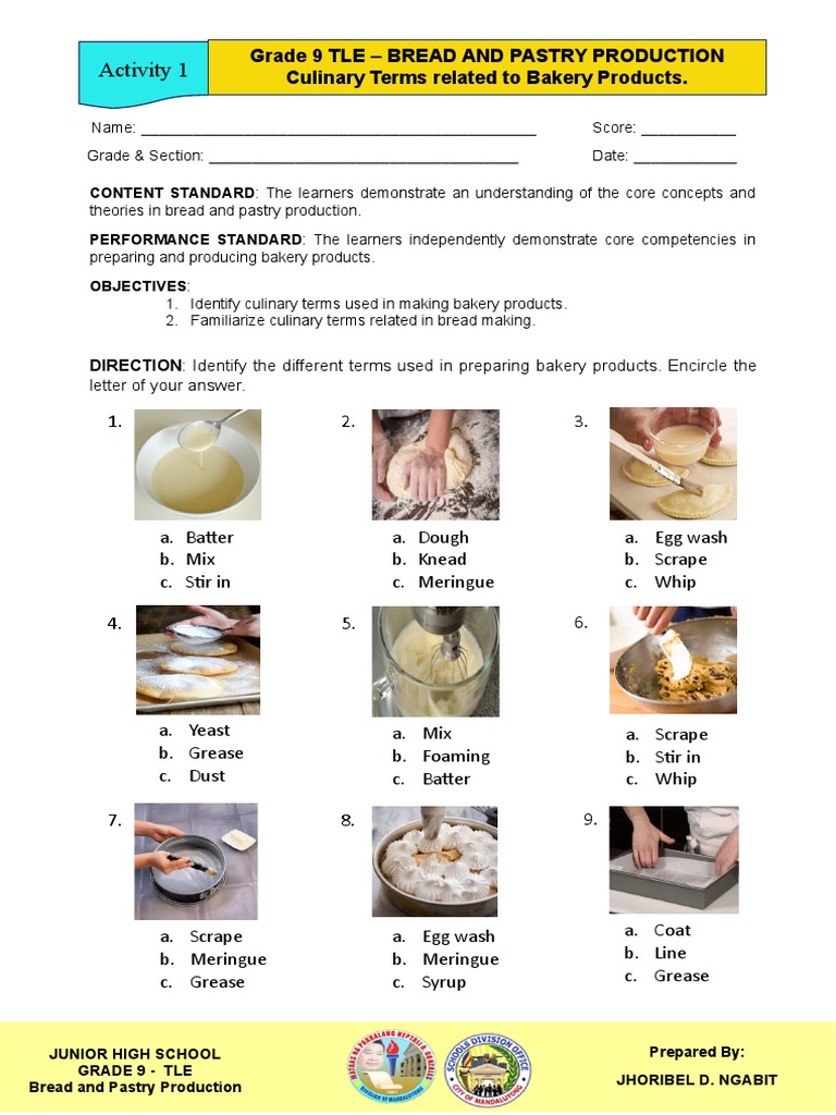 Activity Sheet 1 TLE Gr.9 Bread and Pastry Production Culinary