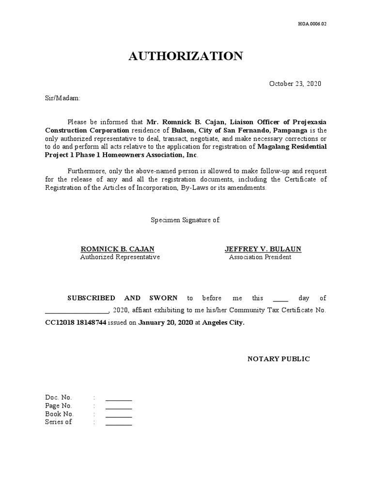 HOA Authorization for Liaison Officer | PDF