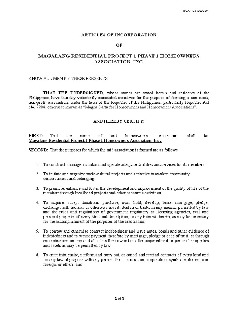 Articles of Incorporation for HOA | PDF | Mortgage Law | Law And Economics