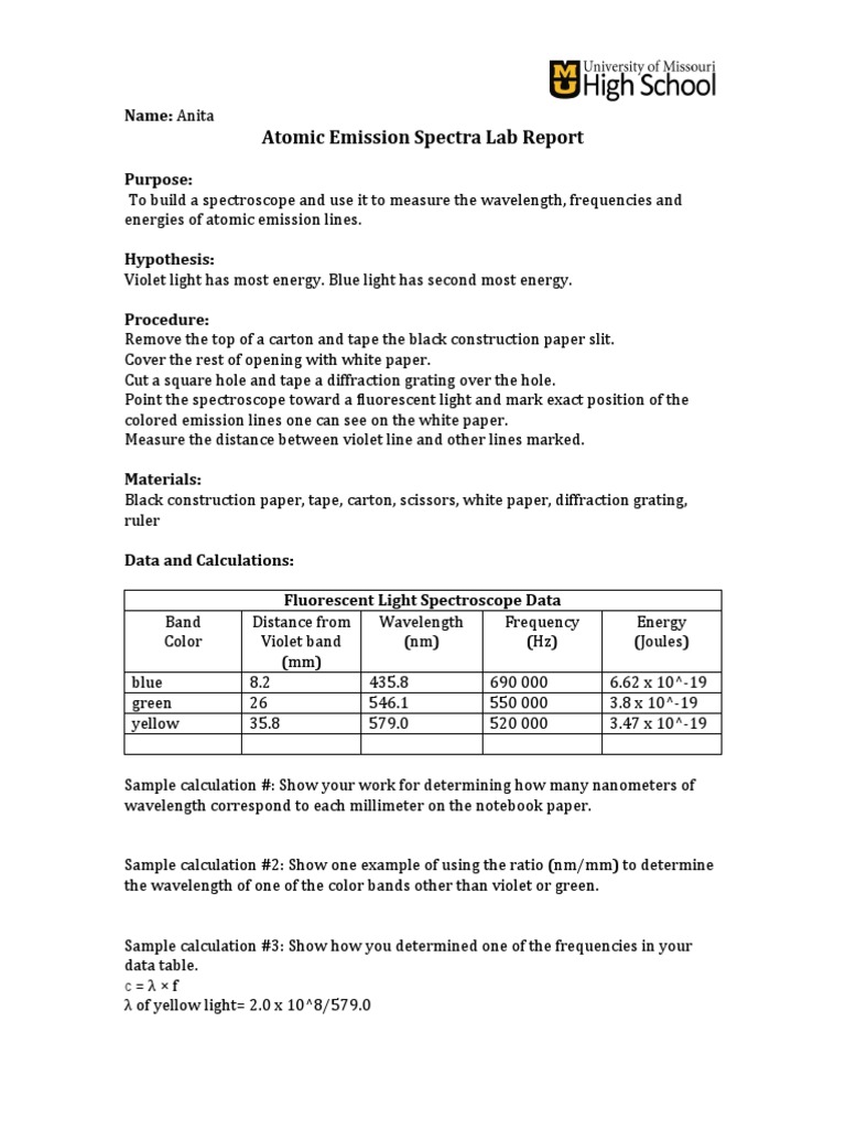 Atomic Emission Spectra Lab Report PDF Emission Spectrum Light