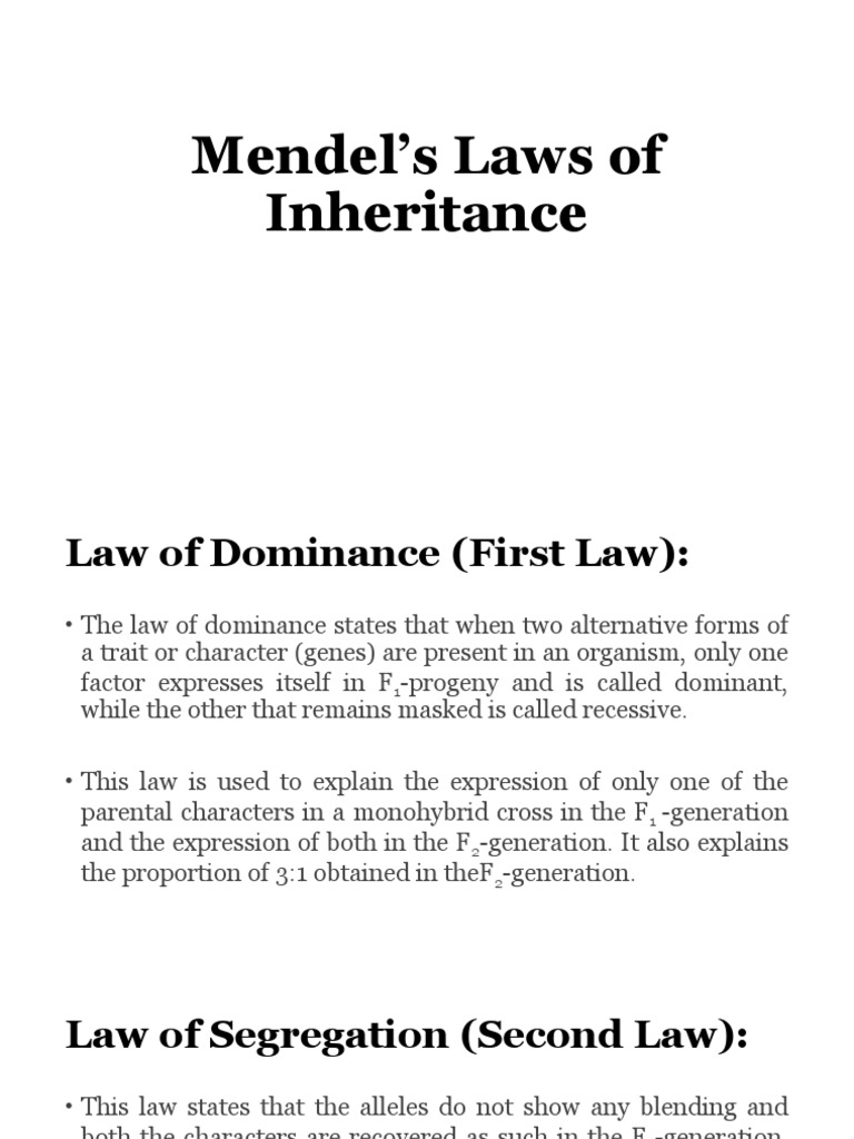 Mendel's Laws of Inheritance PDF Dominance Allele