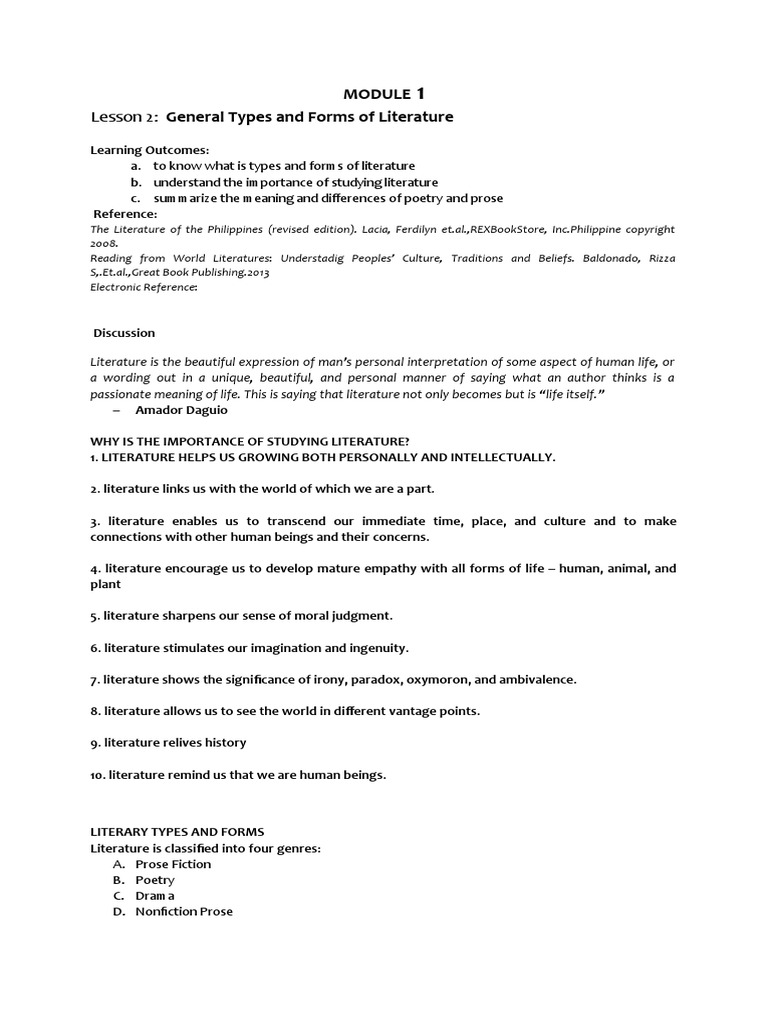 Lesson 2 General Types And Forms Of Literature A Prose Fiction B