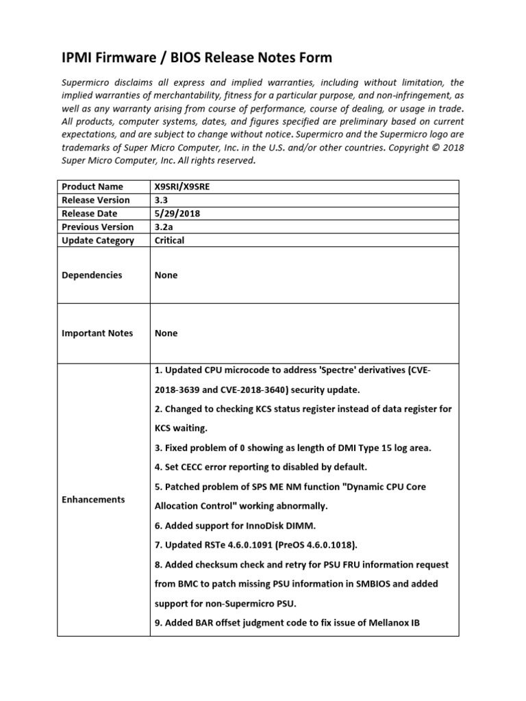 X9SRI X9SRE BIOS 3 3 Release Notes | PDF | Booting | Bios