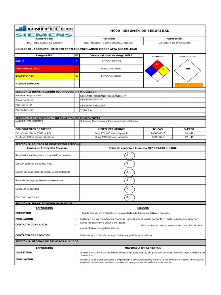 Hoja de Seguridad del Cemento Portland | PDF | Cemento | Contaminación
