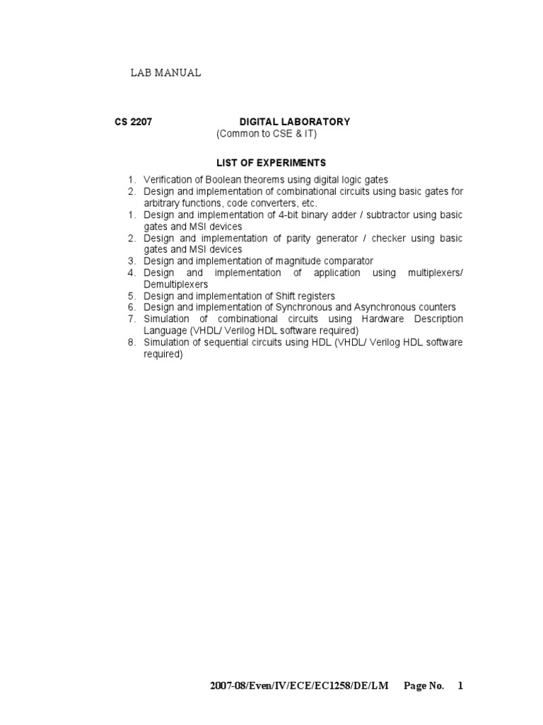 Lab Manual: CS 2207 Digital Laboratory | PDF | Digital Electronics ...