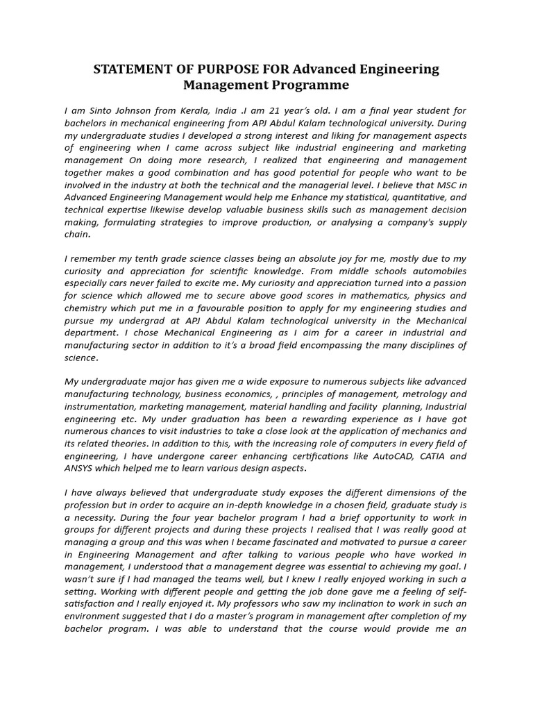 STATEMENT OF PURPOSE FOR Advanced Engineering Management Programme ...