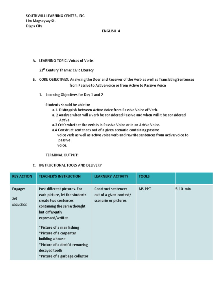 English 4 Set Induction PDF Verb Pedagogy