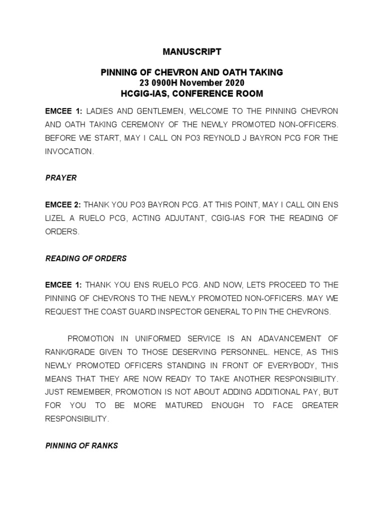 Manuscript For Pinning And Oathtaking Ceremony