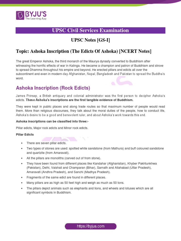 Ashoka Inscription The Edicts of Ashoka NCERT Notes PDF Ashoka