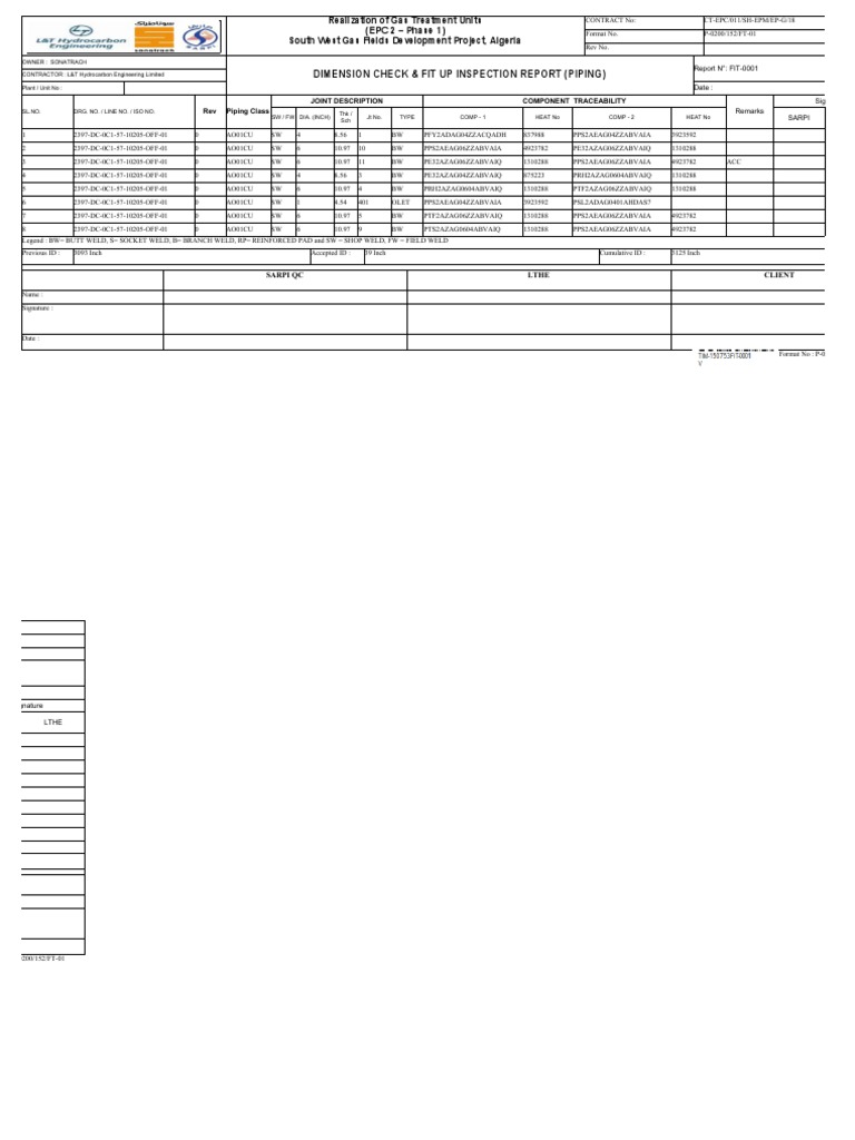 Dimension Check & Fit Up Inspection Report (Piping) PDF Mechanical