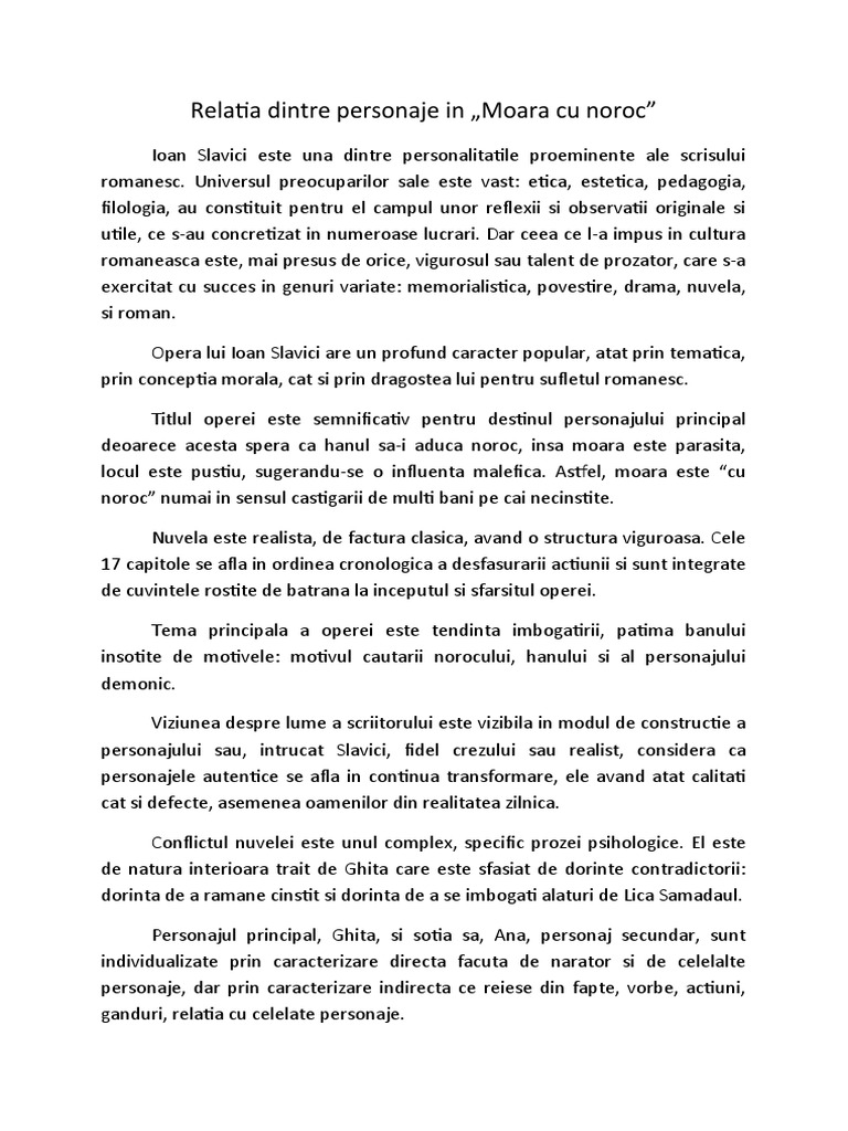 Moara Cu Noroc Relatia Dintre Doua Personaje MOARA CU NOROC Relatia Dintre Personaje | PDF