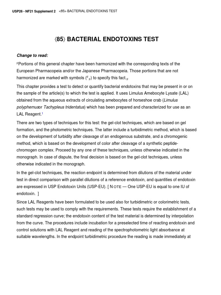85 Bacterial Endotoxins Test Change To Read PDF Scientific Control Ph