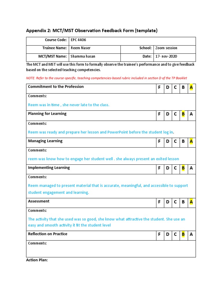 Reem Naser's Teaching Observation Feedback | PDF