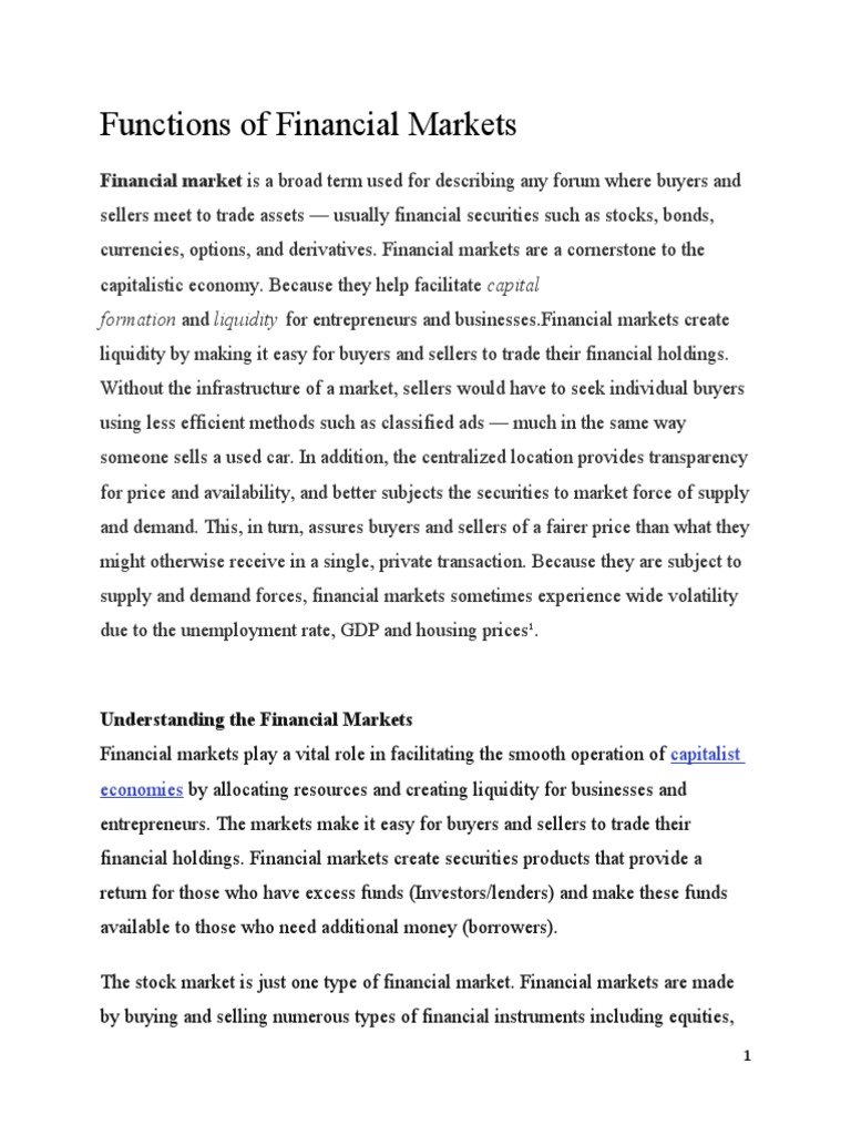 Functions of Financial Markets Explained | PDF | Financial Markets ...