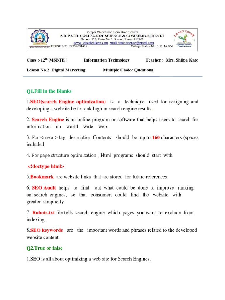 Mcq On Digital Marketing Search Engine Optimization Web Search Engine