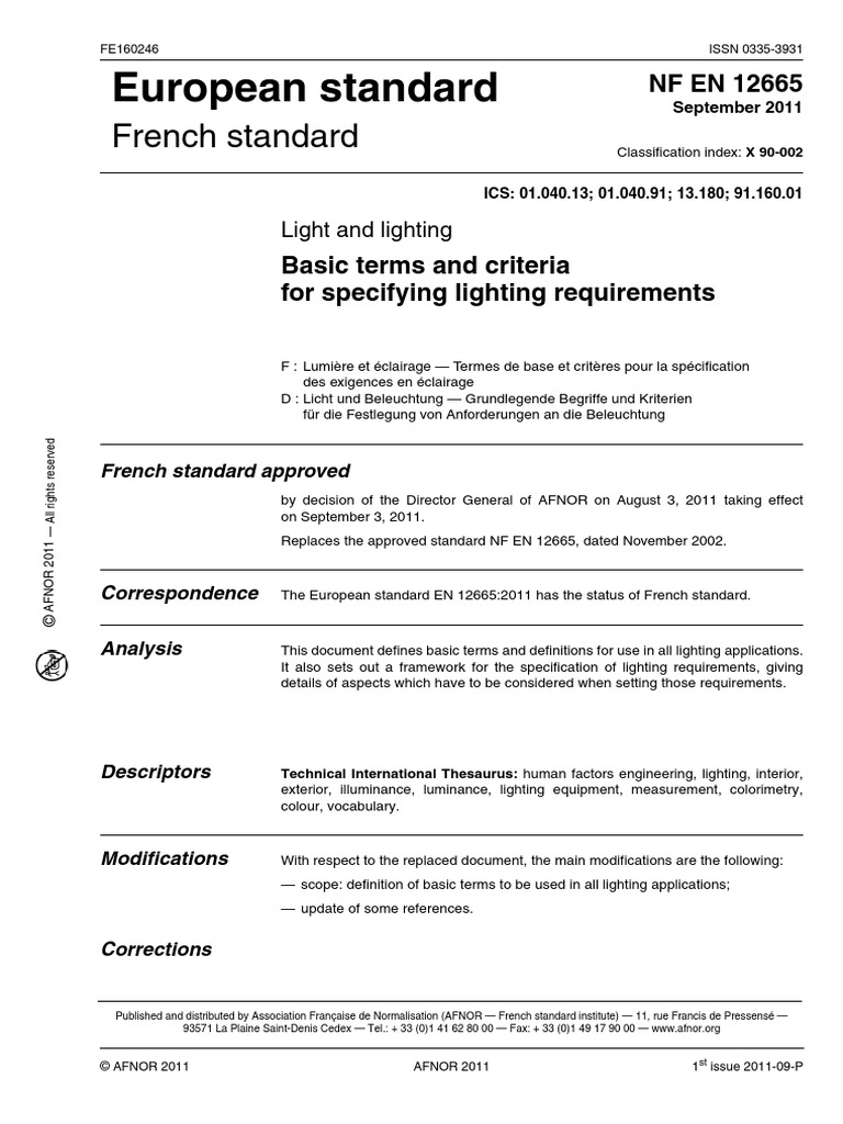 NF EN 12665 - X90 - 002 2011 EN 光和照明之规定照明要求的基本术语和指标 | PDF | Contrast ...