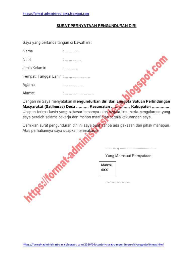 Surat Pernyataan Pengunduran Diri Anggota Linmas | PDF