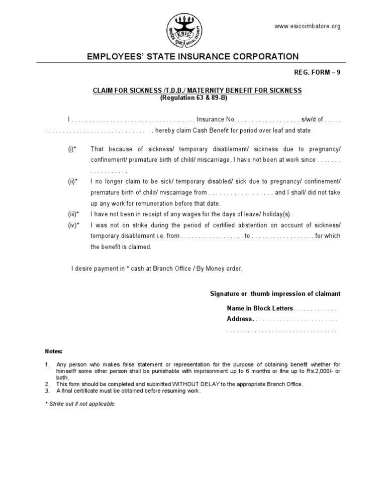 Esic Claim Sickness Form9 PDF Government Social Institutions