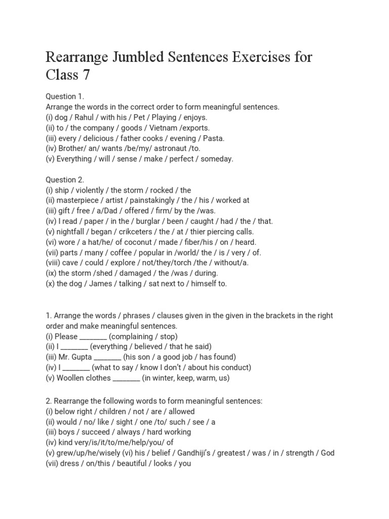 rearrange jumbled sentences exercises for class 7 pdf