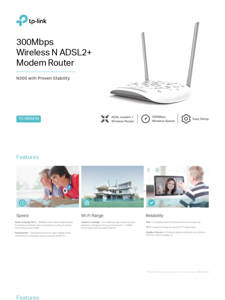 TP-Link TD-W8961N 300Mbps Fixed Antenna Wireless N ADSL2+ Modem  RouterTD-W8961N 300Mbps Fixed Antenna Wireless N ADSL2+ Modem Router