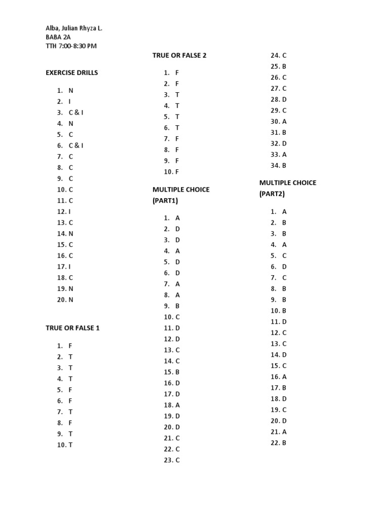 Exercise Drills and Quiz Answers | PDF