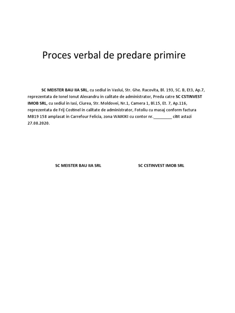 Proces Verbal de Predare Primire | PDF