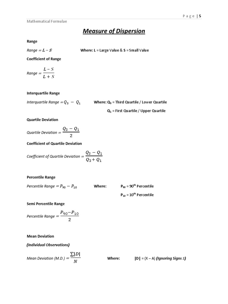 Key Mathematical Formulae for Dispersion | PDF | Percentile | Quartile