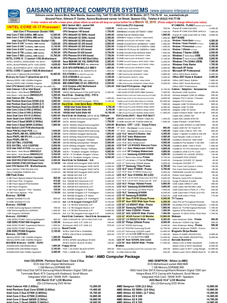 Tech Enthusiast's Price List | PDF | Advanced Micro Devices | Intel