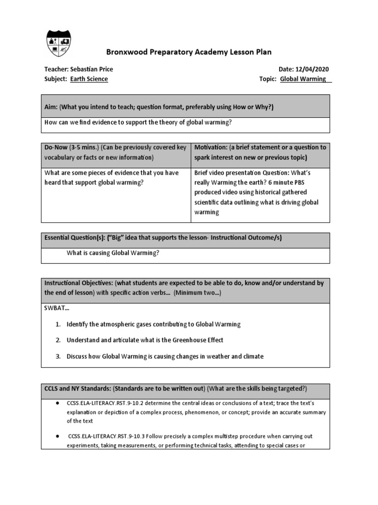 Global Warming Lesson Plan for Grade 7 | PDF | Global Warming ...