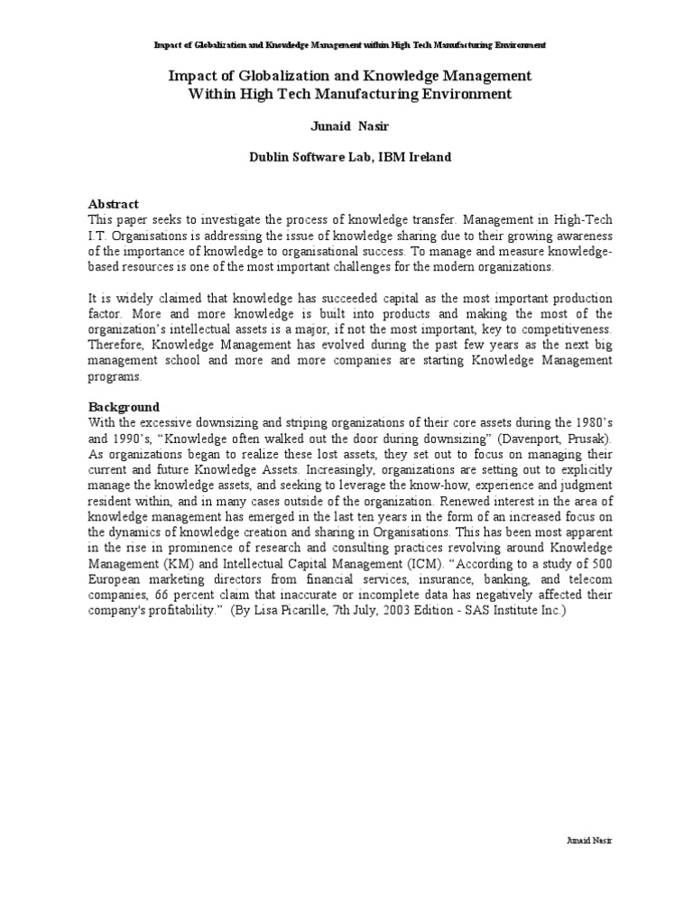 Impact of Globalization and Knowledge Management Within High Tech ...