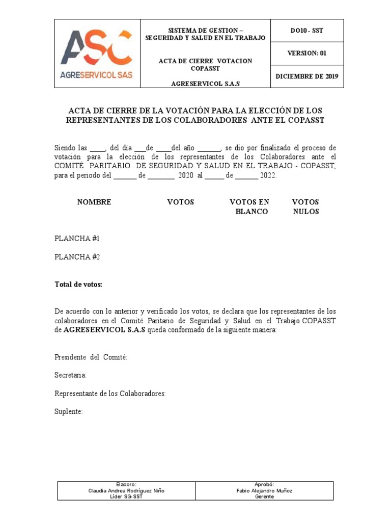 Do10. Formato Acta de Cierre de La Votación Copasst | PDF | Esfera ...