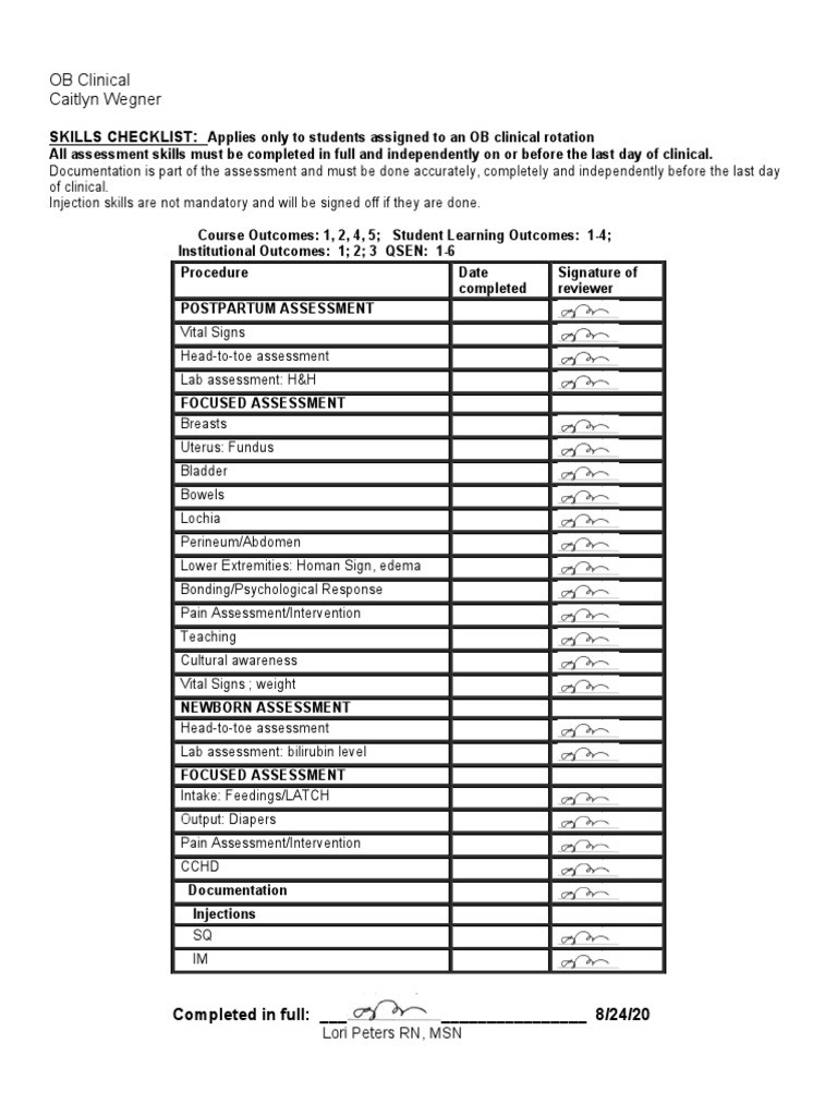 OB Clinical Skills Checklist for Students | PDF | Self-Improvement