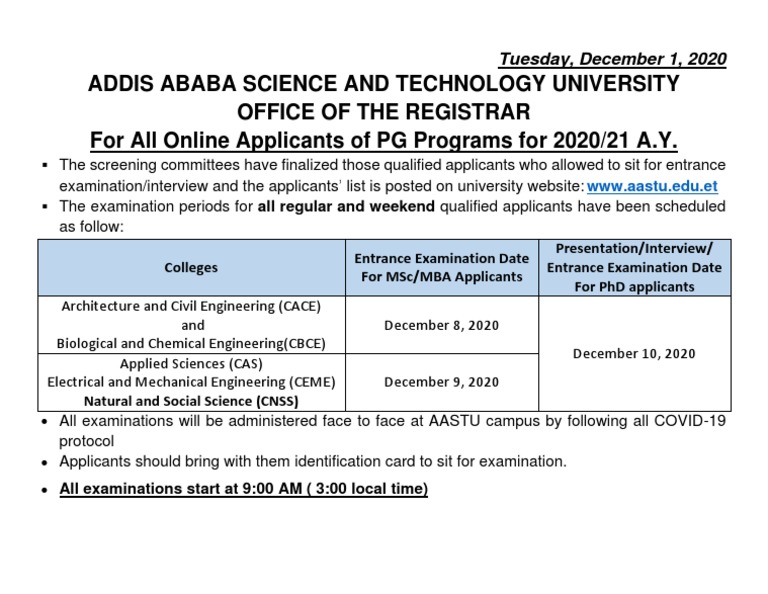 Addis Ababa Science and Technology University Office of The Registrar ...