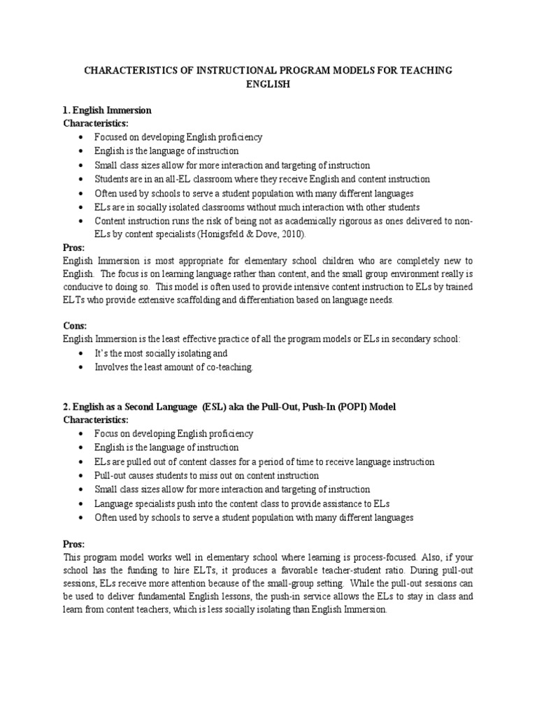Characteristics of Instructional Program Models For Teaching English 1