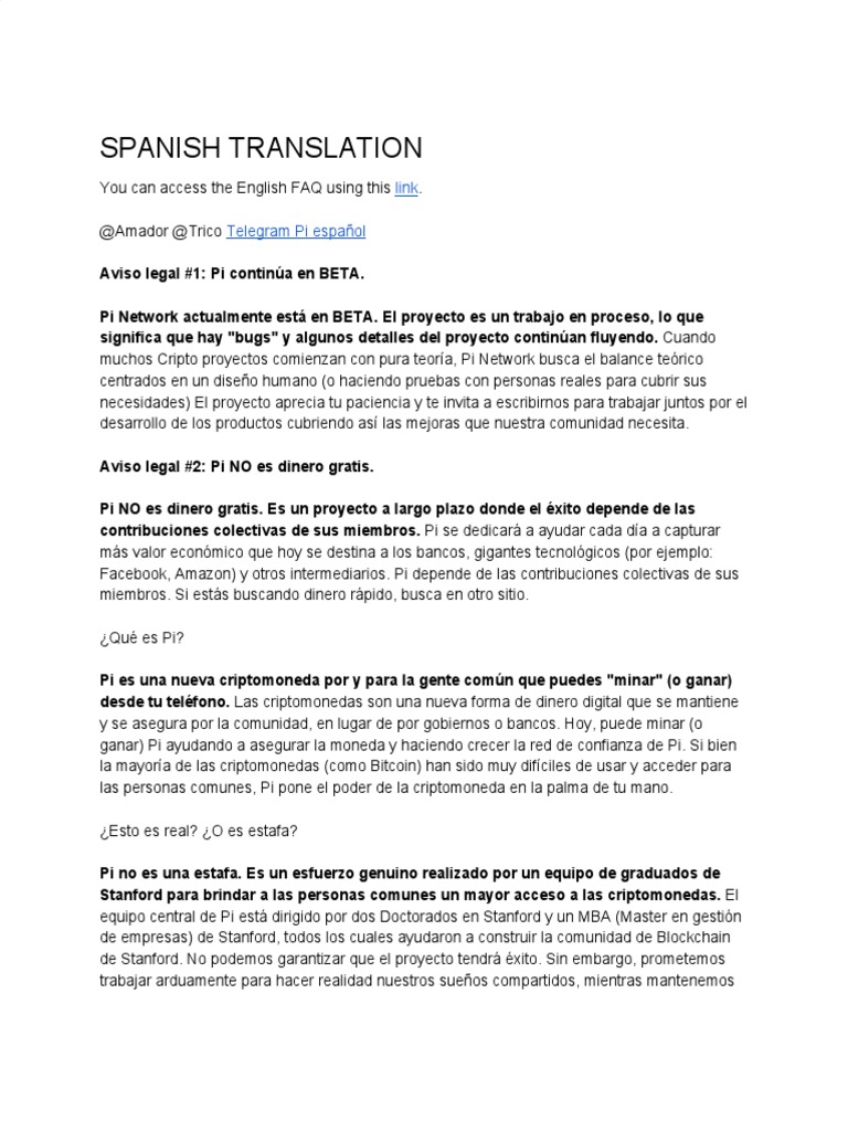 Pi FAQ Spanish Translation PDF Criptomoneda Bitcoin