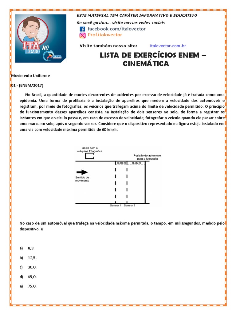 Lista de exercícios de cinemática do ENEM: movimento uniforme ...