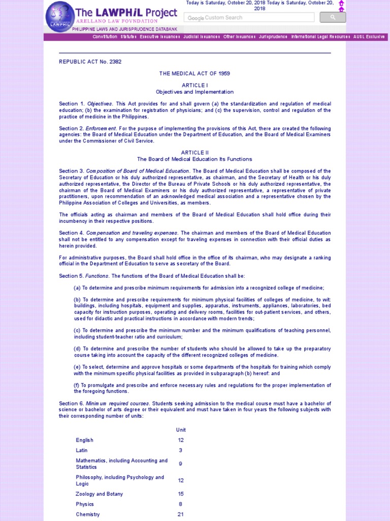 RA 2382: Philippine Medical Act Overview | PDF | Medical School | Licensure