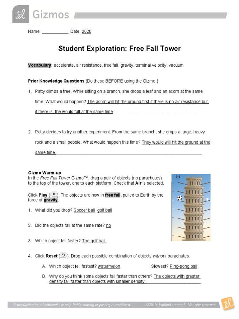 Student Exploration Free Fall Gizmo Answer Key Pdf