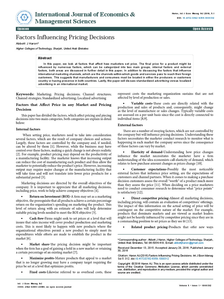 Factors Influencing Pricing Decisions 2162 6359 1000312 | PDF | Pricing ...
