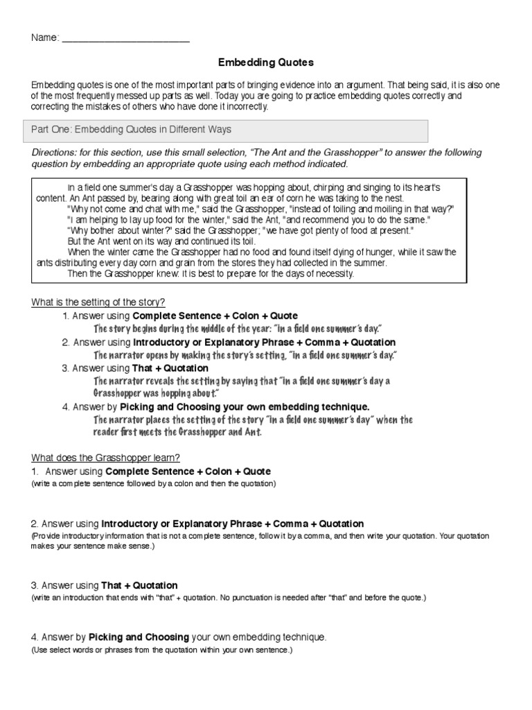 Embedding Quotes Worksheet PDF Comma Punctuation