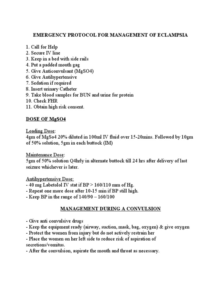 Emergency Protocol For Management of Eclampsia | PDF