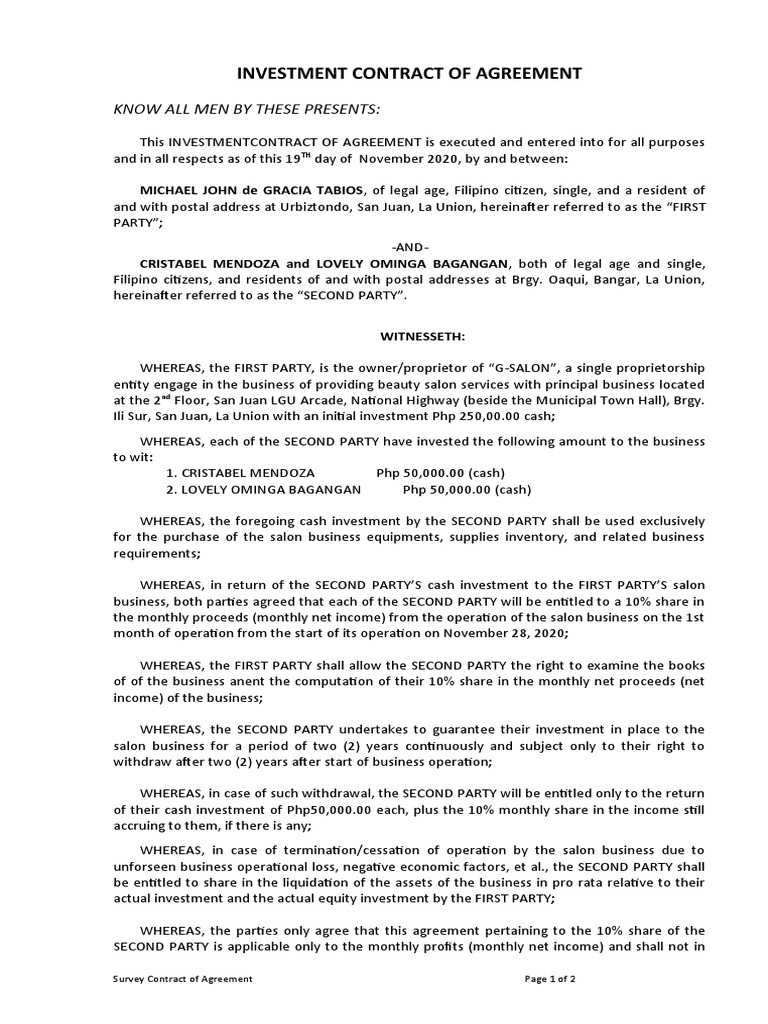 AGREEMENT BETWEEN PARTIES Investment Contract | PDF | Business | Government