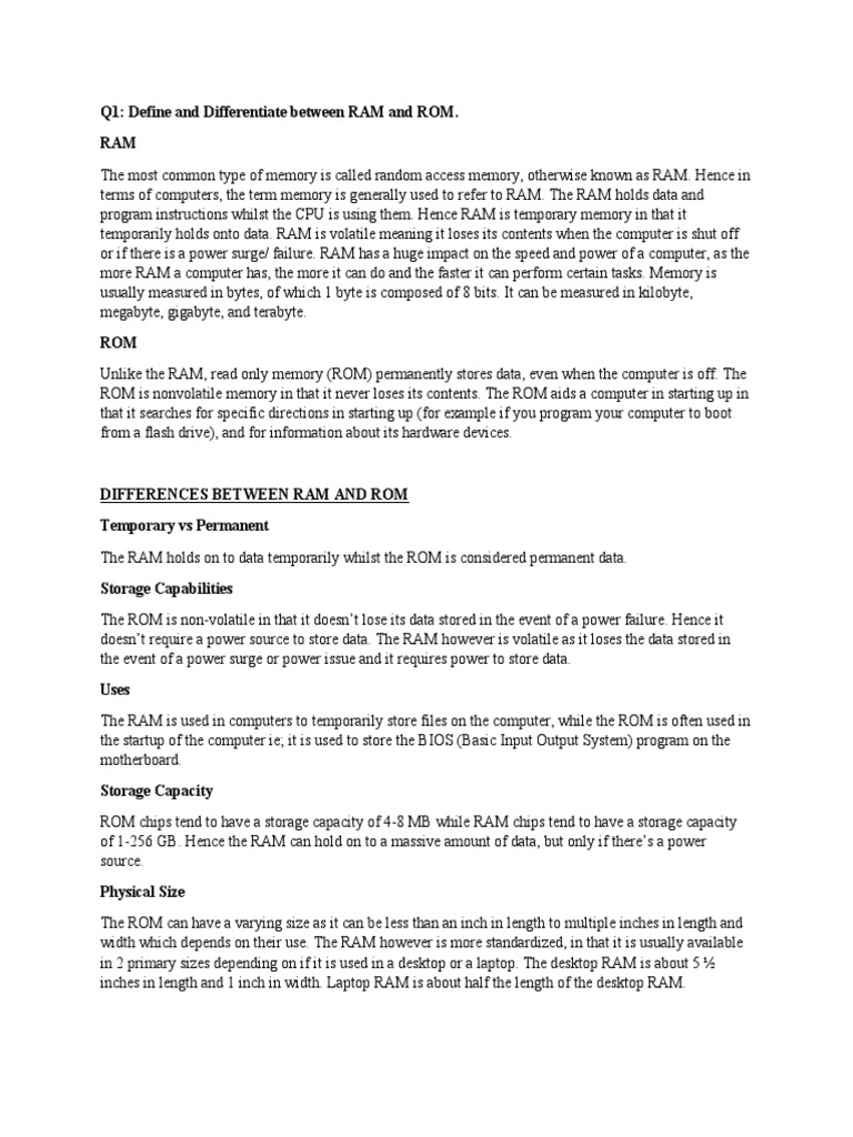 Q1 Define and Differentiate Between RAM and ROM. RAM PDF Random