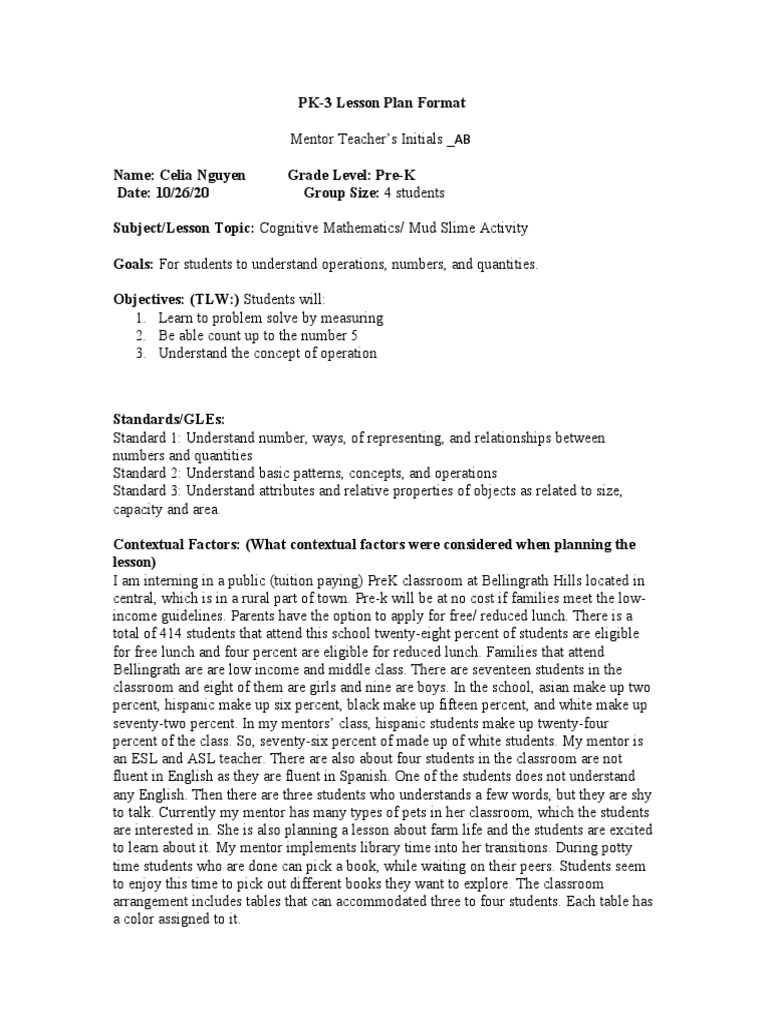 Nguyen Cognitive Lesson Plan | PDF | Classroom | Pre Kindergarten