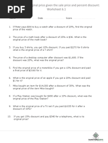 Finding Original Price Given Sale Price and Percent Discount Worksheets6 1 PDF